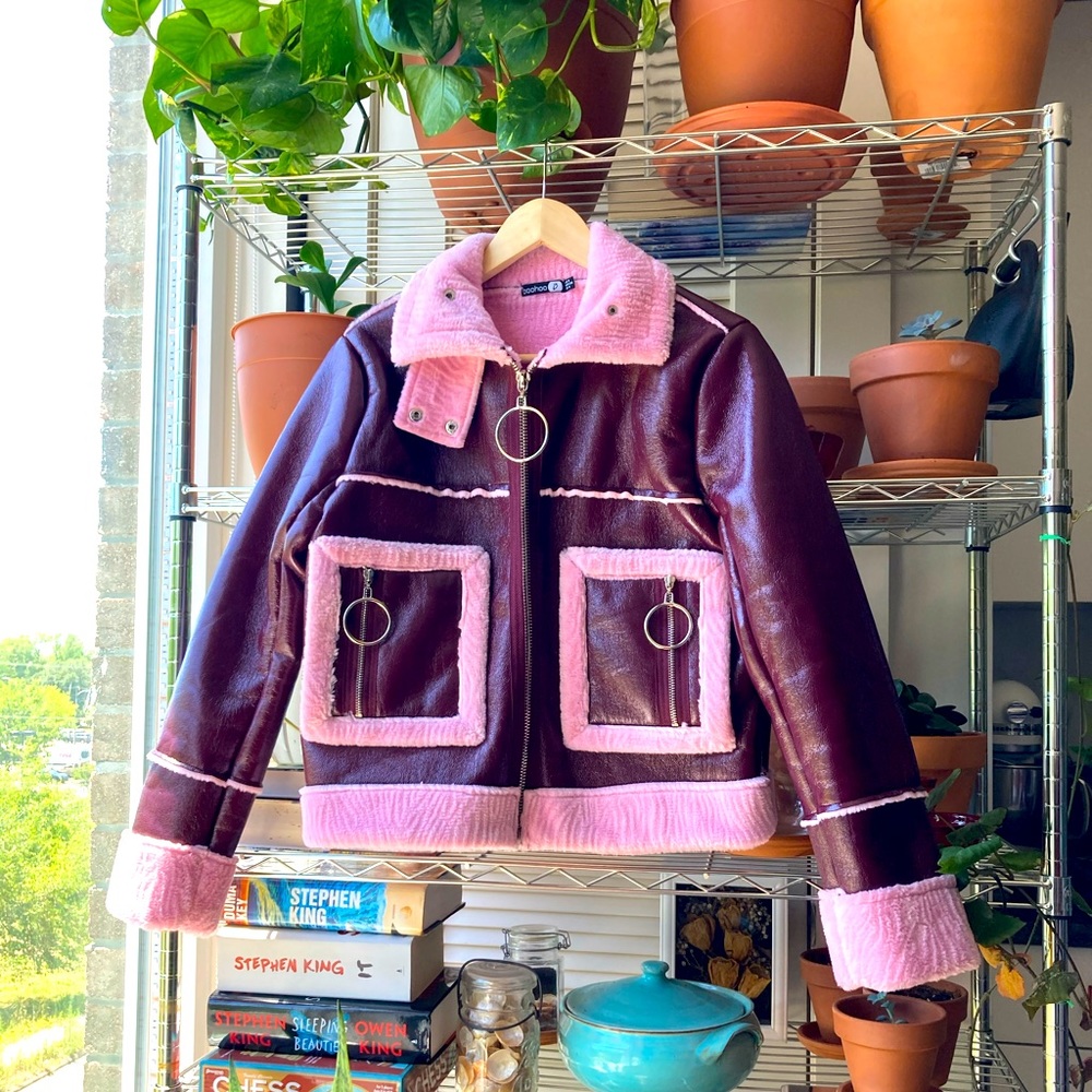 ✨ Vinyl Leather like Fur Moto Pink Vintage Coat